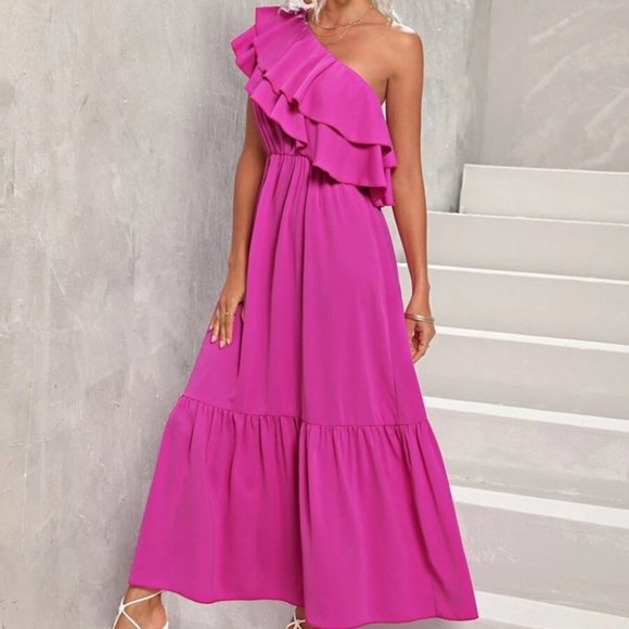 MODA ME COUTURE Dresses & Skirts - Stunning Pink Ruffled Detailed One Shoulder Maxi Dress